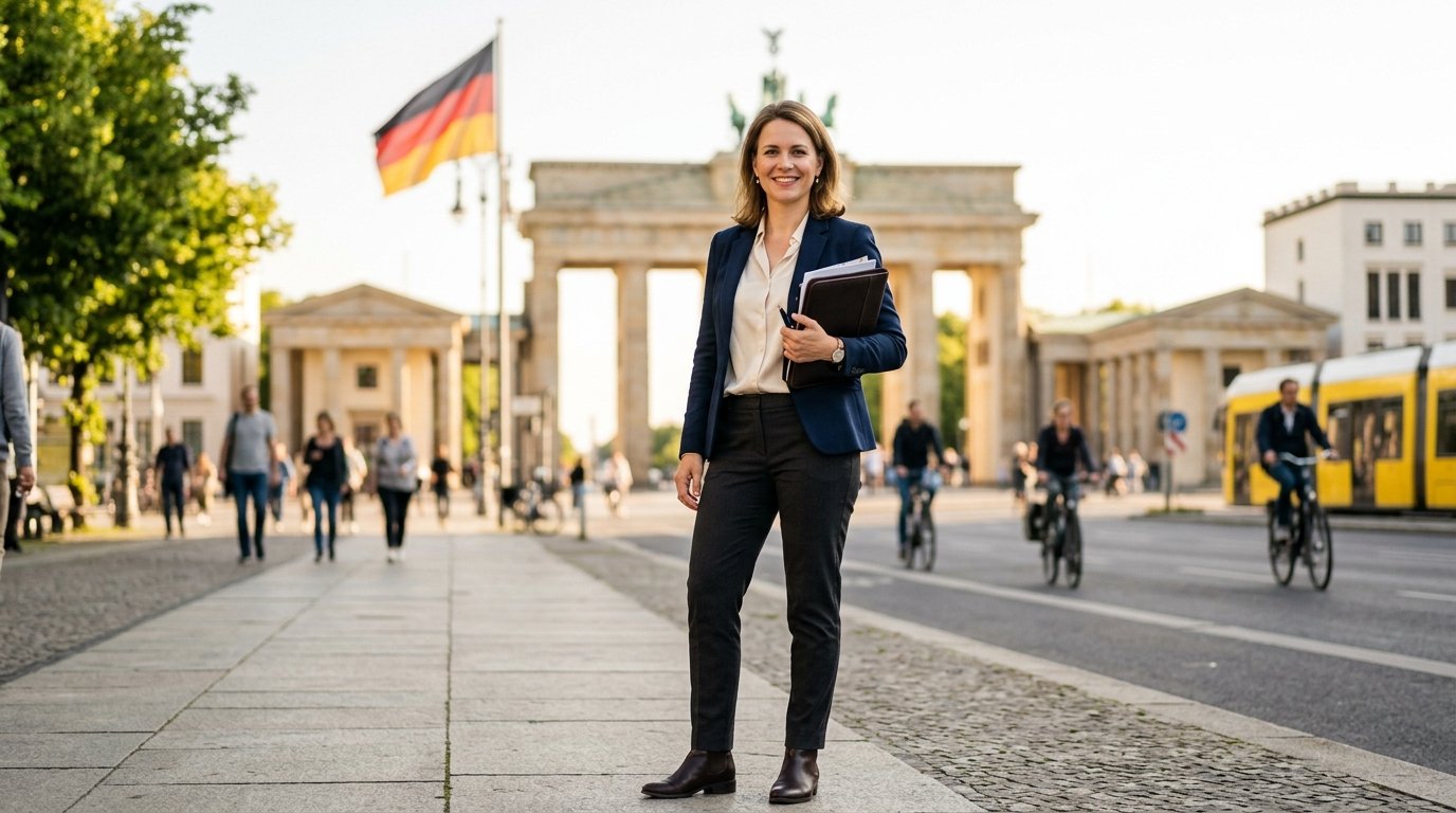 Skilled worker holding documents on a German city street representing Germany Opportunity Card 2026