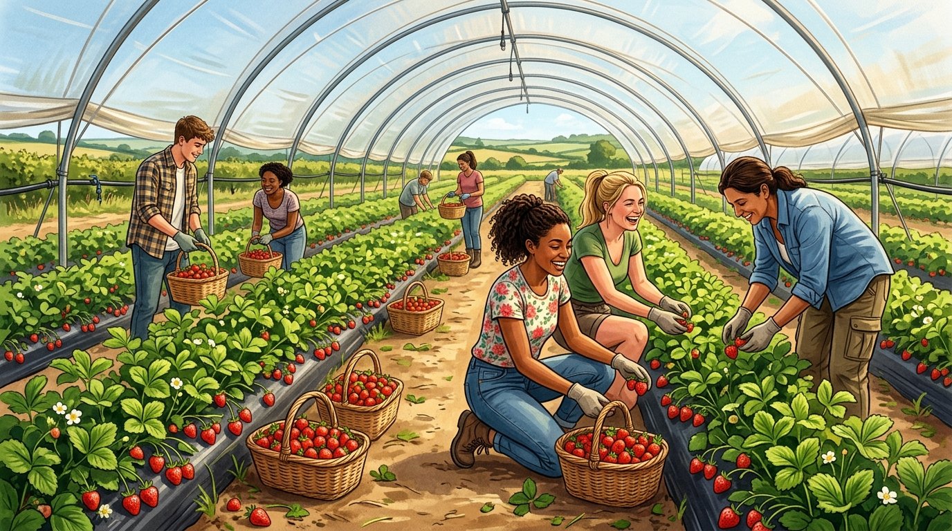 UK Seasonal Worker visa 2026 — workers picking fruit on a UK farm