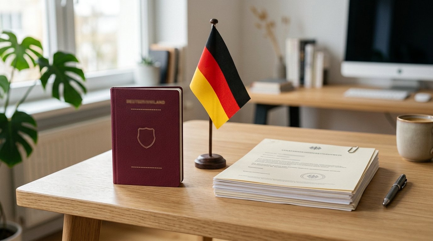 Germany citizenship rules 2026 — passport and naturalization documents on a desk