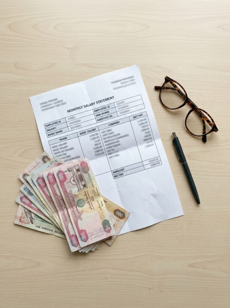 UAE Golden Visa 2026: Qualify on Salary, No Property Needed 2 Payslip UAE dirhams reading glasses 202607231028