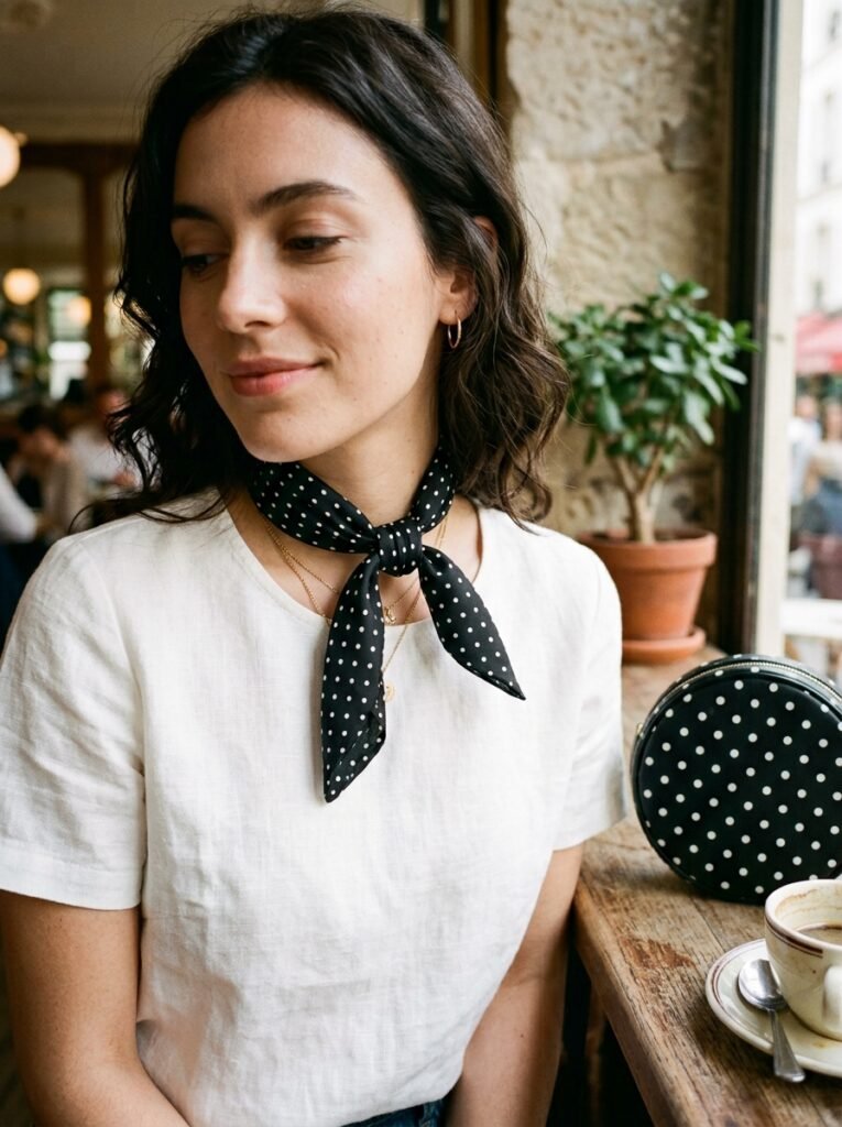 Polka Dot Outfit Ideas 2026: How to Style the Print 6 Scarf tied at womans neck 202607071318