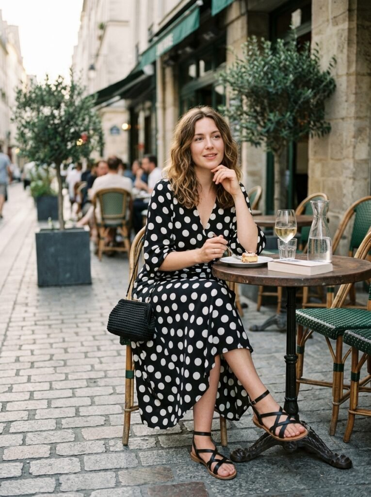 Polka Dot Outfit Ideas 2026: How to Style the Print 4 Woman at outdoor cafe 202607071318