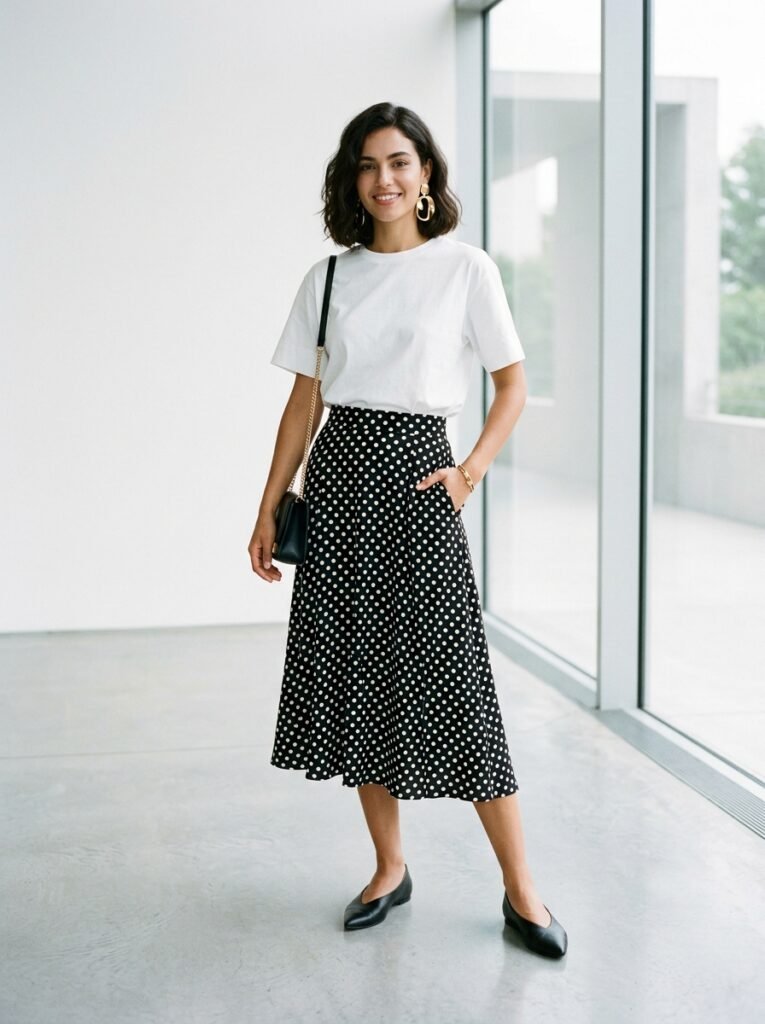 Polka Dot Outfit Ideas 2026: How to Style the Print 3 Woman wearing polka dot skirt 202607071318