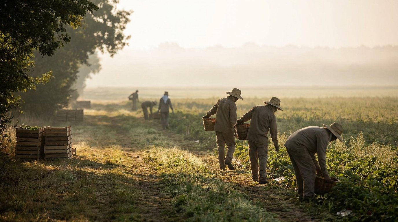 Farm worker jobs abroad with visa sponsorship — seasonal workers harvesting at sunrise