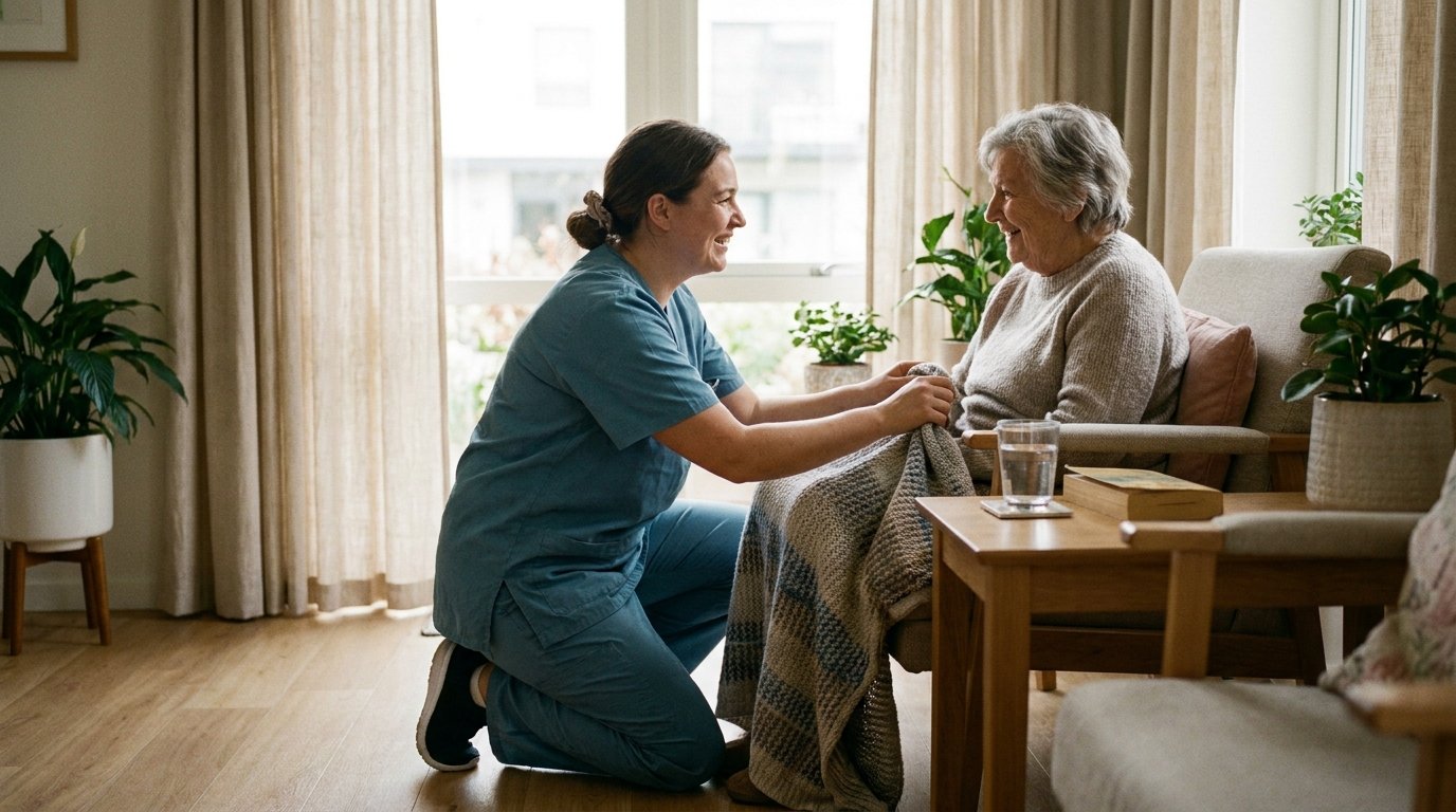 Support worker comforting older … 202608200914