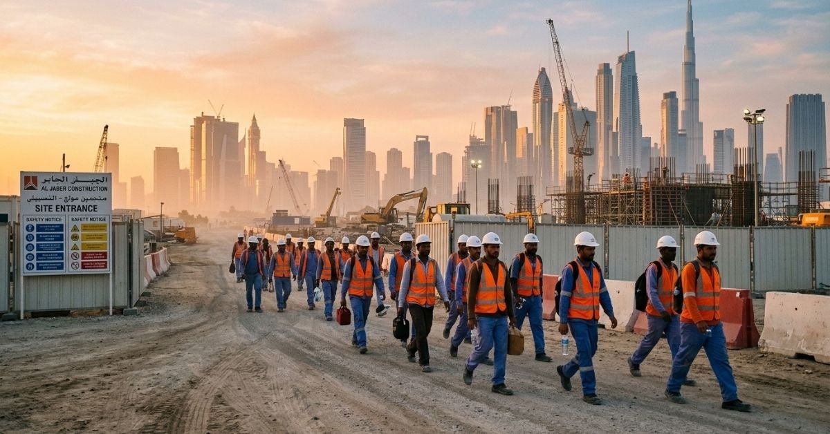 Construction crew arriving at a Gulf worksite, illustrating jobs in Gulf with free visa