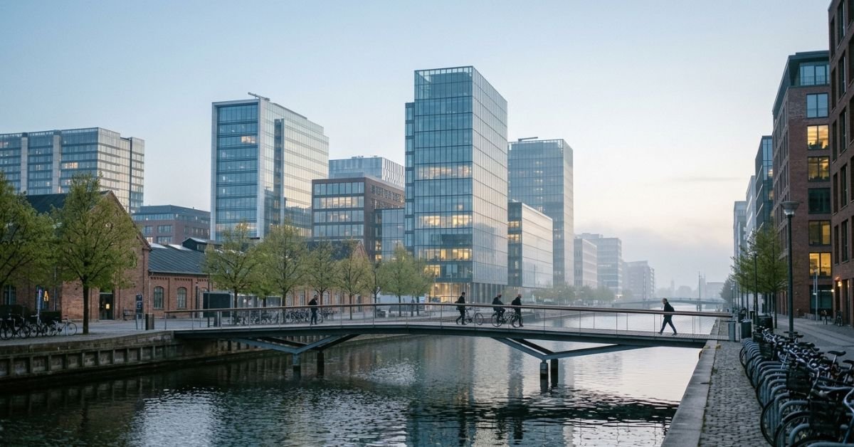 Northern European business district at sunrise illustrating netherlands highly skilled migrant visa salary requirements