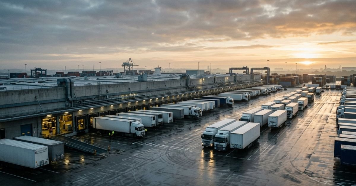 Warehouse and driving jobs with visa sponsorship in UK — freight hub at dawn