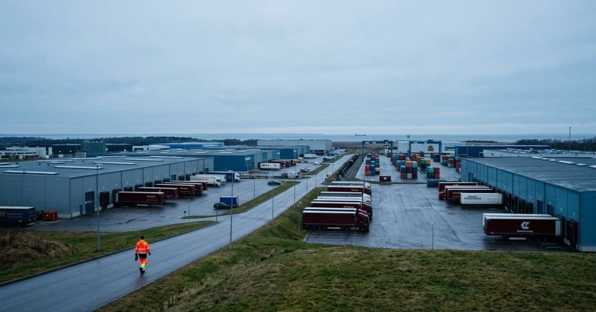 Baltic work visa jobs 2026 — logistics and industrial district in Northern Europe at dawn