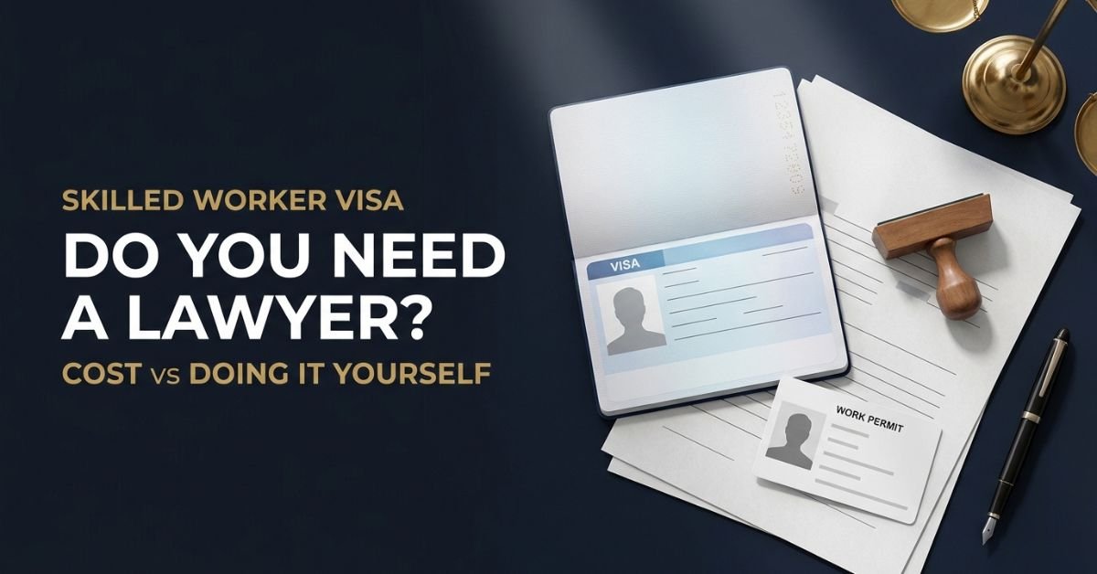 Passport, visa page and work permit card on a desk illustrating whether you need a lawyer for a skilled worker visa
