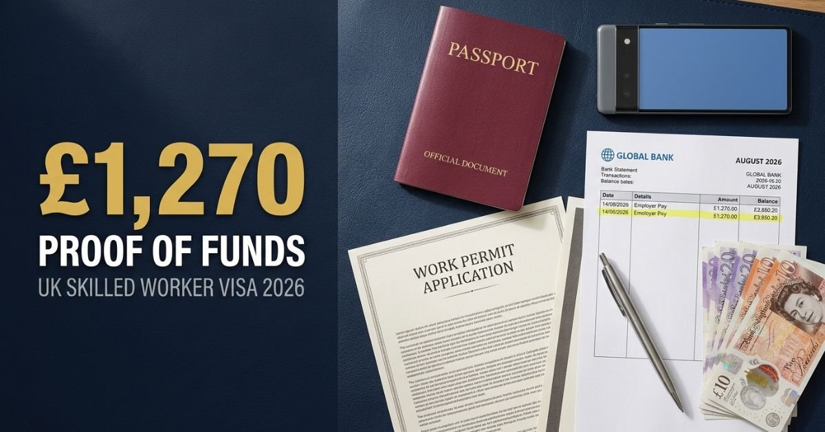 Proof of funds for a Skilled Worker visa showing the £1,270 amount required in 2026