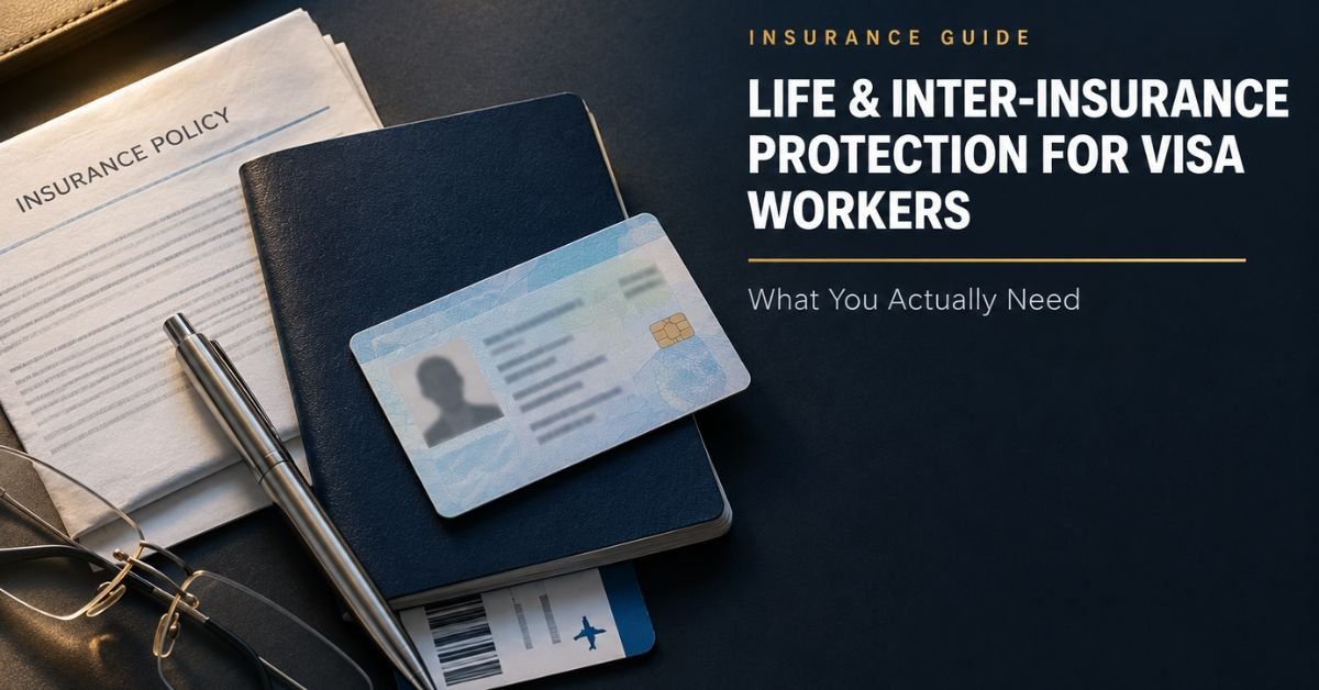 Passport and work permit card with an insurance policy, illustrating insurance protection for visa workers