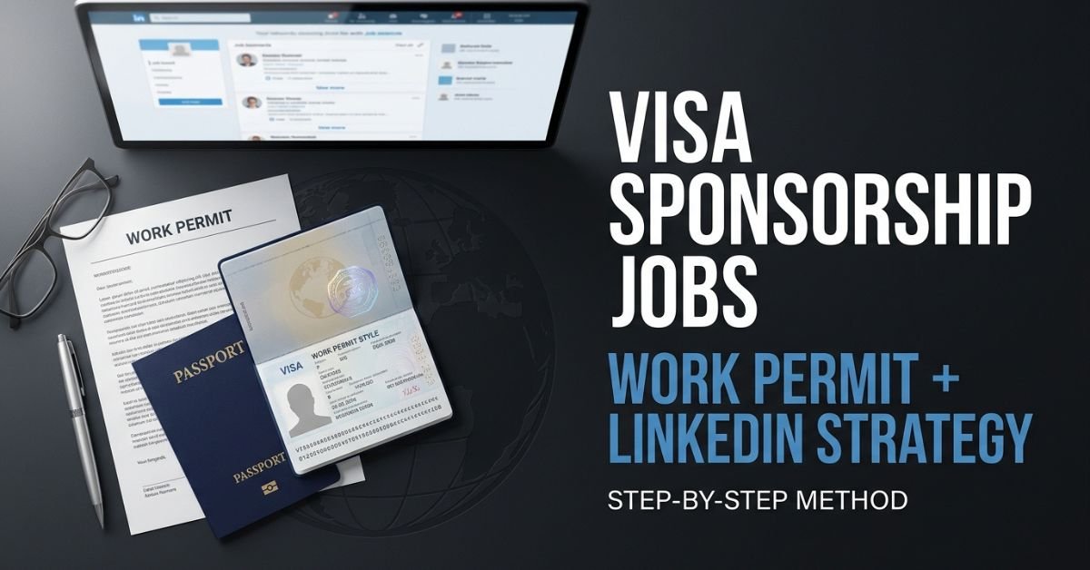 Passport, work permit document and laptop showing a visa sponsorship job search