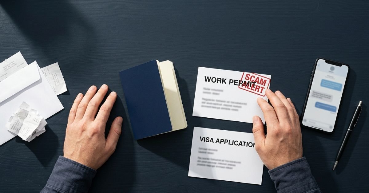 Passport, work permit and visa documents with a scam alert stamp, illustrating visa sponsorship job scams 2026