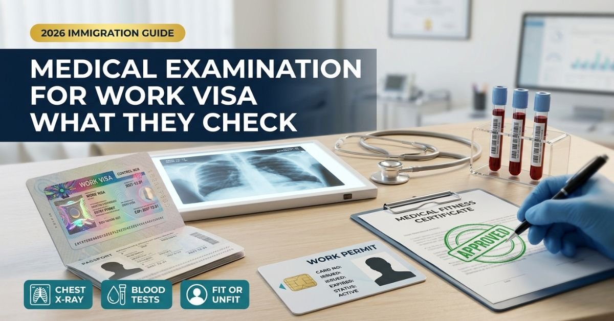 Medical examination for work visa guide showing visa, work permit, chest X-ray and fitness certificate