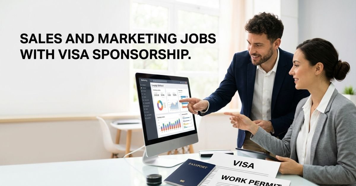 Professionals discussing sales and marketing jobs with visa sponsorship