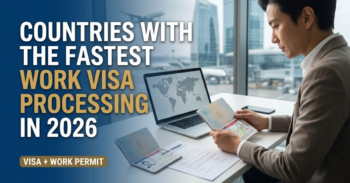 Work visa processing time 2026 comparison with a professional reviewing a passport and permit