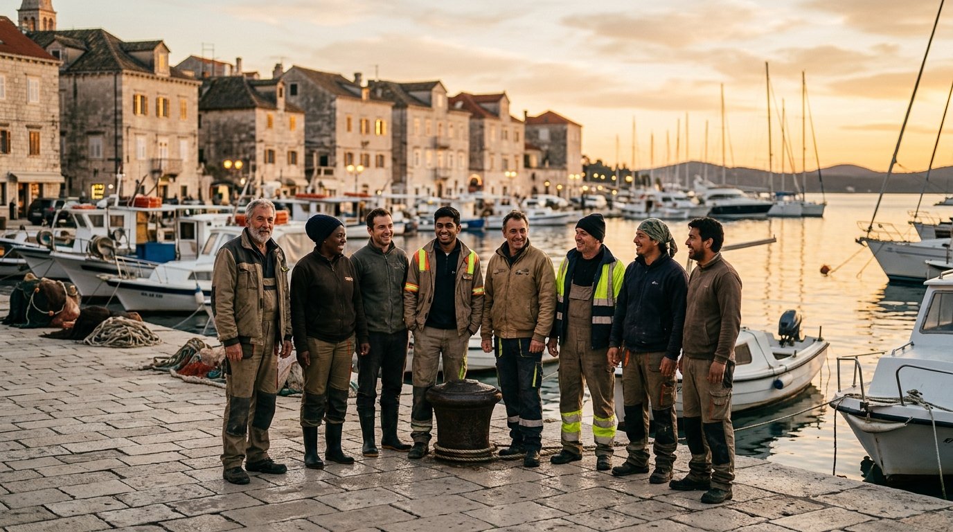 International workers at a Croatian harbour illustrating visa sponsorship jobs in Croatia 2026