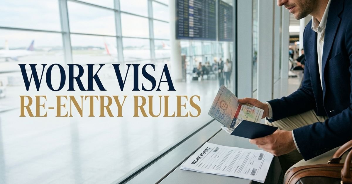 Traveller holding a passport and work permit at an airport before returning on a sponsored work visa.